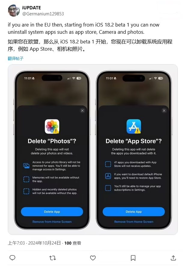 融安苹果手机维修分享iOS 18.2 支持删除 App Store 应用商店 