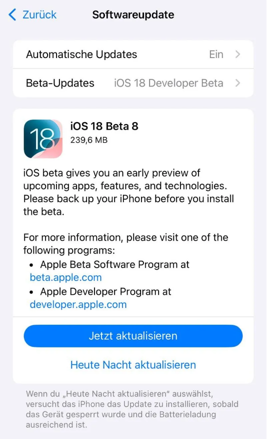 融安苹果手机维修分享苹果 iOS / iPadOS 18 开发者预览版 Beta 8 发布 